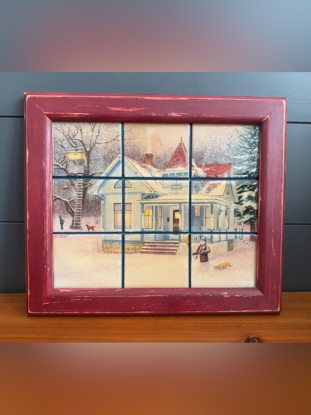 Vintage Nine Tile Classic Snowy Winter Scene Red Framed Holiday Print Wall Art